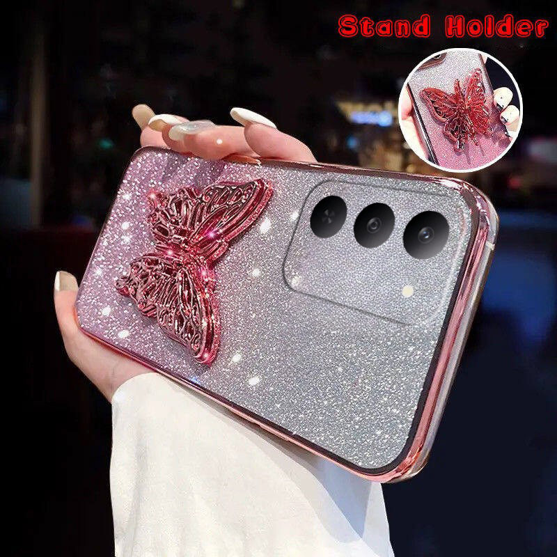 New Phone case Realme C71 C75 C75X Back cover with Cute Butterfly Stand Luxury Slim Gradient Clear Plating Glitter Girls For Realme C75 C75X C71 case.