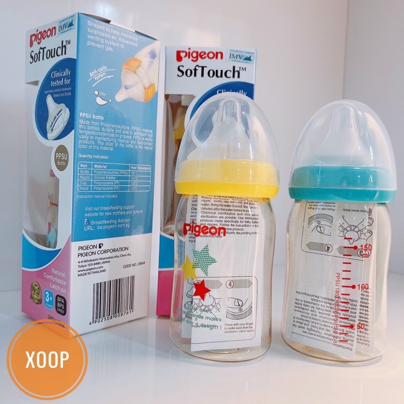Bình sữa cổ rộng PIGEON SofTouch 160ml (có đổi núm size M, L, LL)