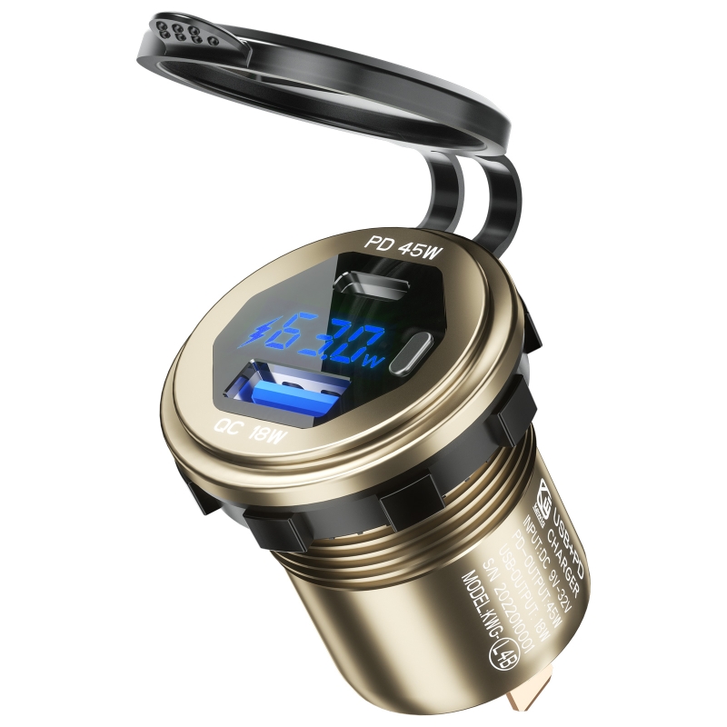Metal 63w qc3.0 usb+type c usb c pd fast car charger with voltage/power display