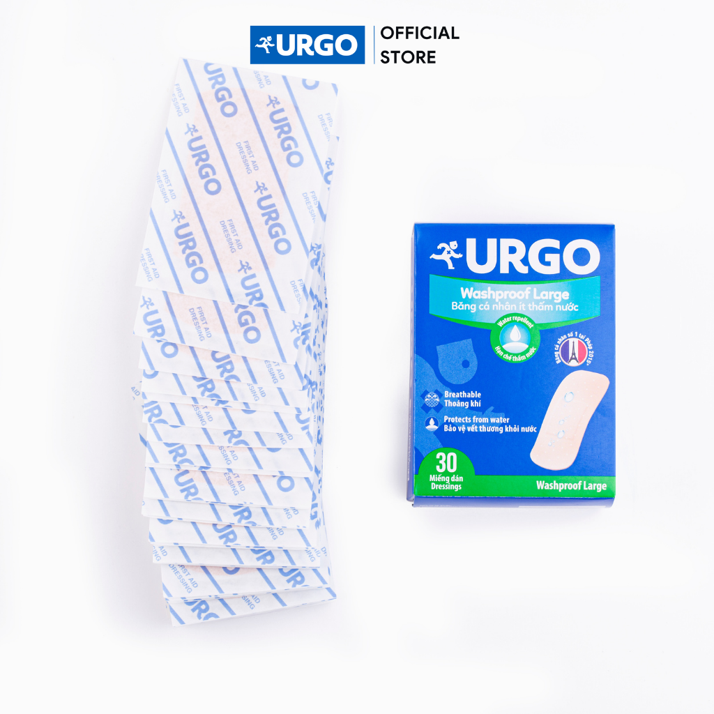 Băng cá nhân ít thấm nước Urgo Washproof Large (Hộp 30 miếng)