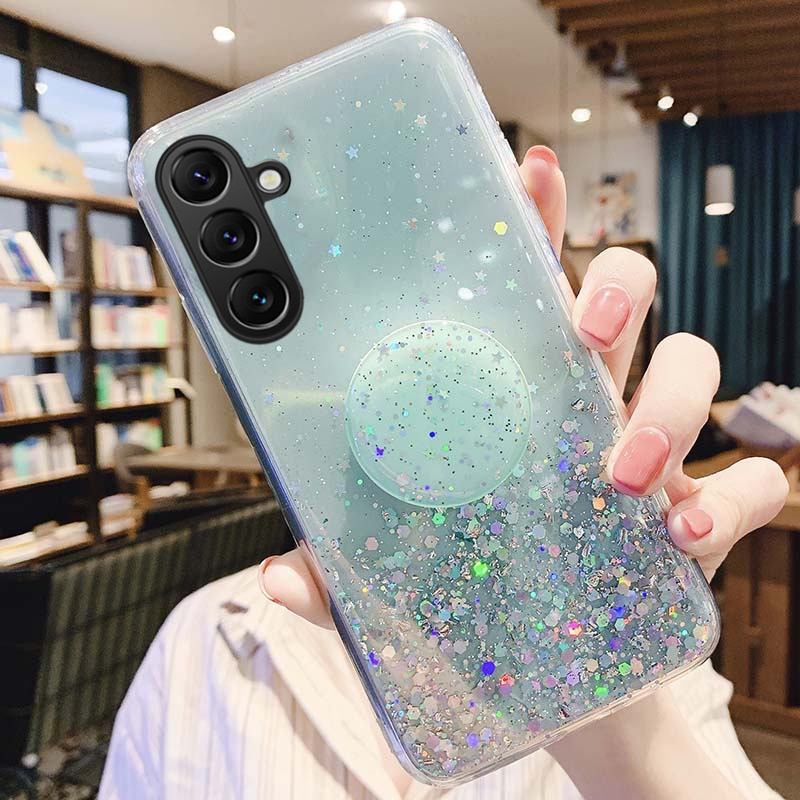 Phone Cover Samsung M35 A35 Back case Glittering Soft Stars Moon Sequins Folding Stand Transparent Silicone Anti Drop For Galaxy A35 M35 Phone cases.