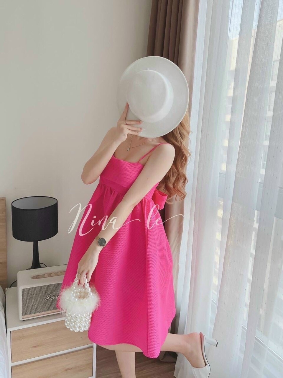 Đầm nữ, đầm 2 dây dáng xòe cột nơ sau lưng (có mút)