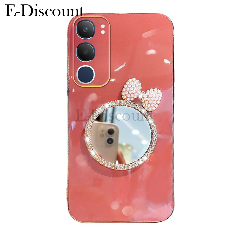 New Phone case Vivo Y29 Back cover with Bow Makeup Mirror Luxury Shiny Gradient Clear Soft 6D Plating Girls Slim for VIVO Y29 5G case.