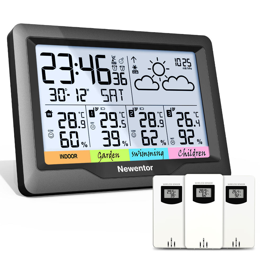 Newentor Weather Station Wireless Indoor Outdoor Digital Atomic Clock Weather Thermometer Temperature Humidity Monitor 3 Outdoor.