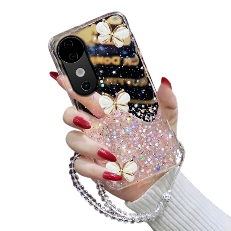 YUXING Cover Vivo V40 5G Glitter Trasparente Con Fiori - Custodia TPU Antiurto Scintillante Per Ragazze (Oro)
