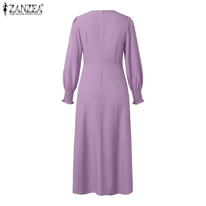 ZANZEA%20Korean%20Style%20Womens%20Elegant%20Crew%20Neck%20Lantern%20Sleeves%20Midi%20Dress%20OL%20Work%20Solid%20Pleats%20A-Line%20Dresses%20-%20Image%206