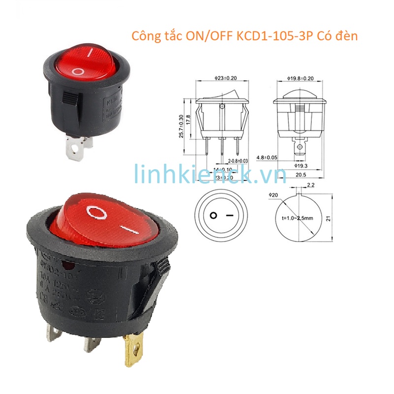 Công Tắc Tròn ON OFF Có Đèn KCD1-105 3PIN (ĐỎ)