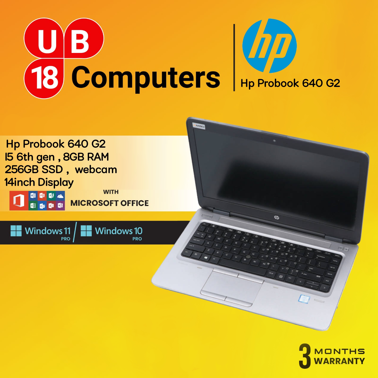 Hp Probook 640 G2 i5 6th gen 8GB 256GB SSD 14inch win11 pro , ms office.020200