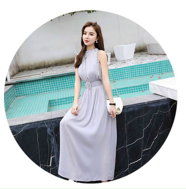 đầm dài váy đầm maxi xám- đen kèm nịt