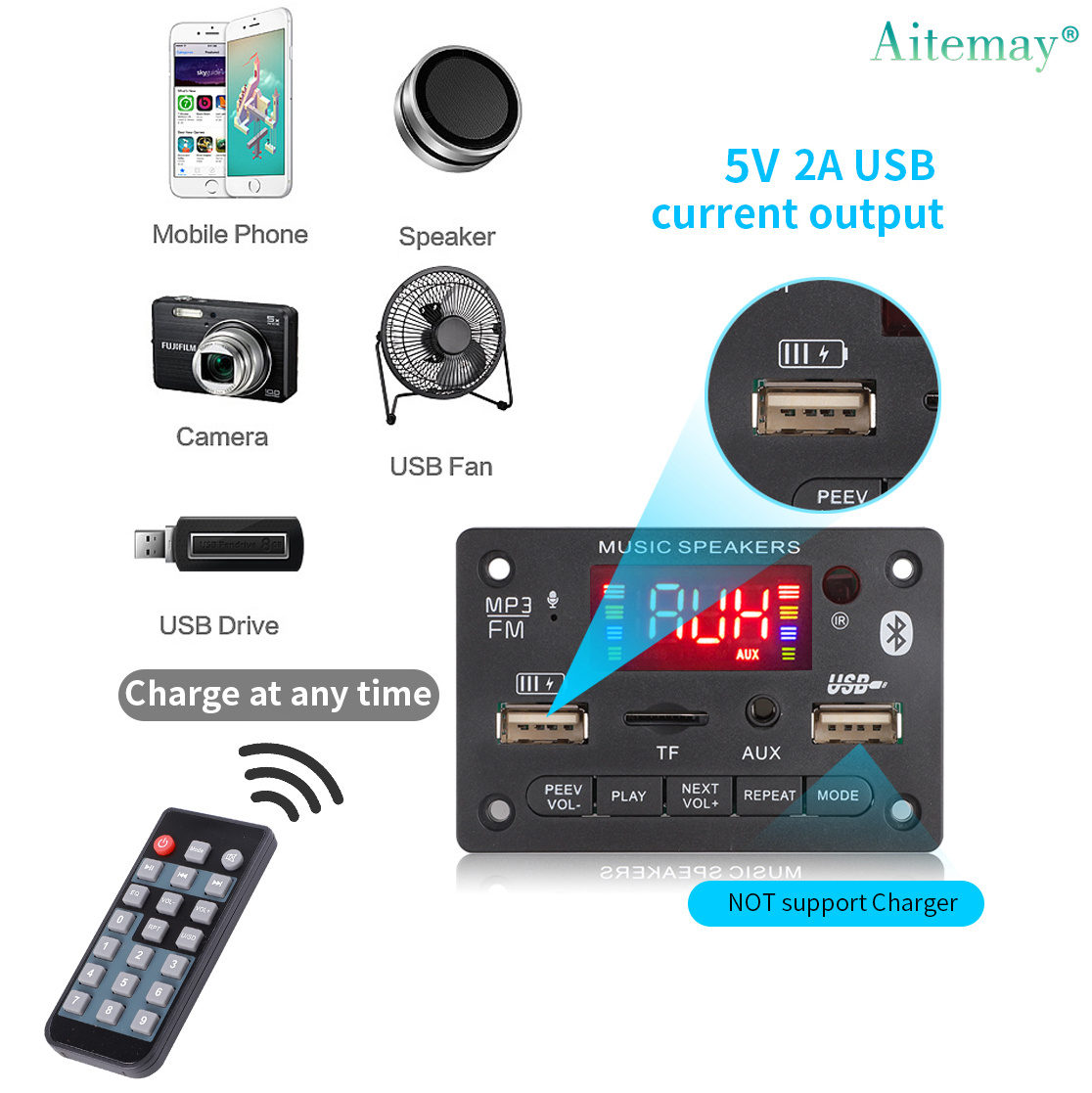 Aitemay 7V-24V Bluetooth 5.0 MP3 Decoder Board MP3 Player USB Module AUX FM Radio Recording with 2x40W Amplifier