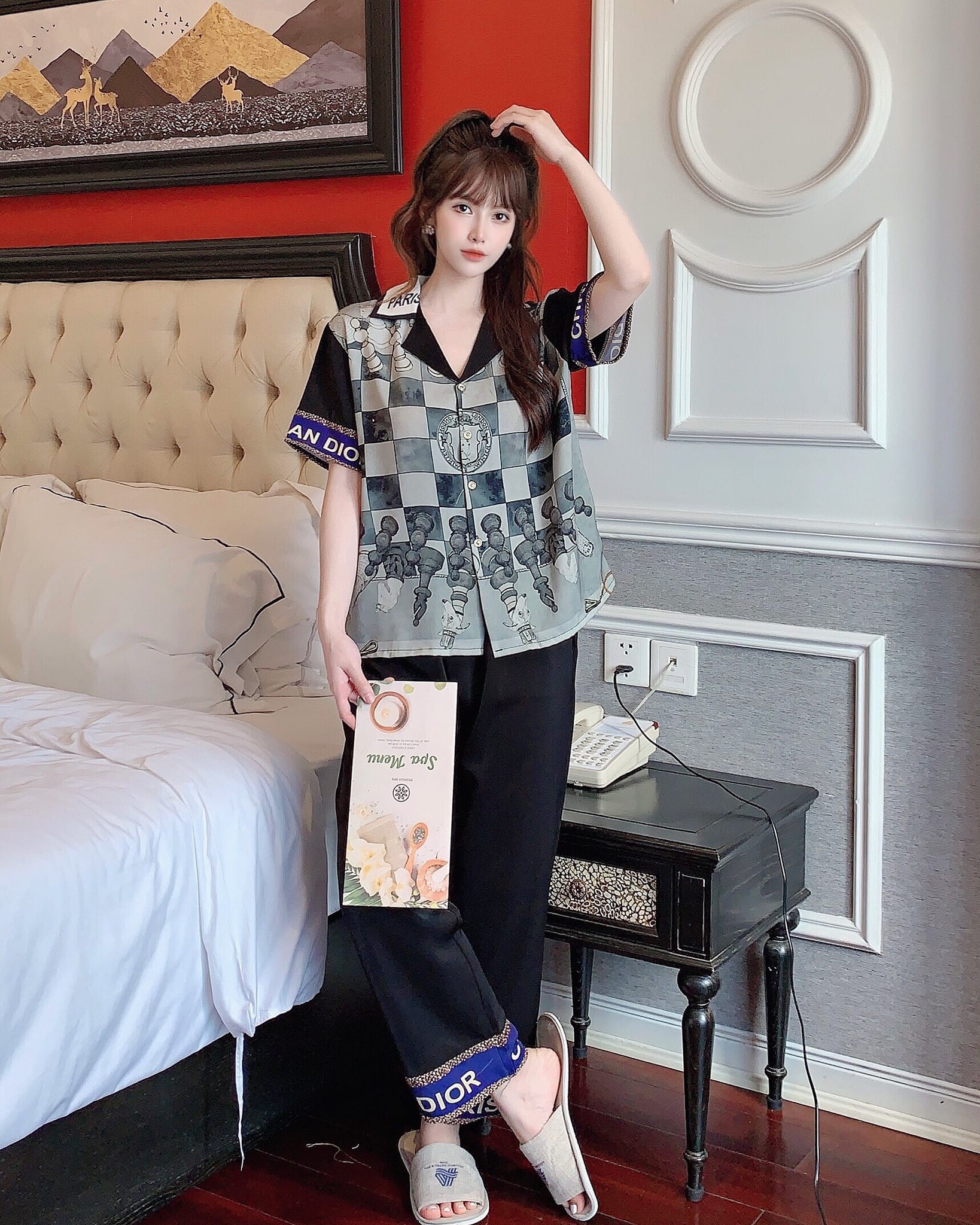 Set Bộ Lụa Mango Dài Họa Tiết Cực Sang - Mẫu mặc hàng thật chụp