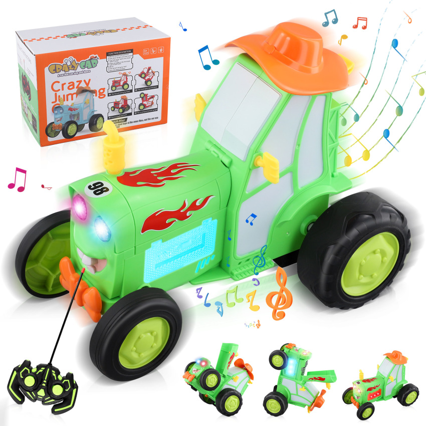 Crazy Jumping Car Rechargeable Car Toy With Music And Light RC Cars Stunt Car Toy Remote Control Train Toy Western Cowboy Style Jumping Car Toy For Kids Age 3+