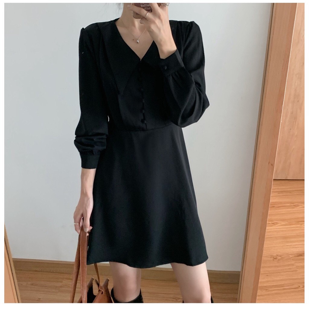 Minz Dress - Đầm tay dài cổ V nút bọc
