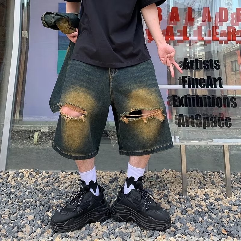 VUNC Men's shorts new trendy fashion American design cropped pants loose casual all-match ripped jeans