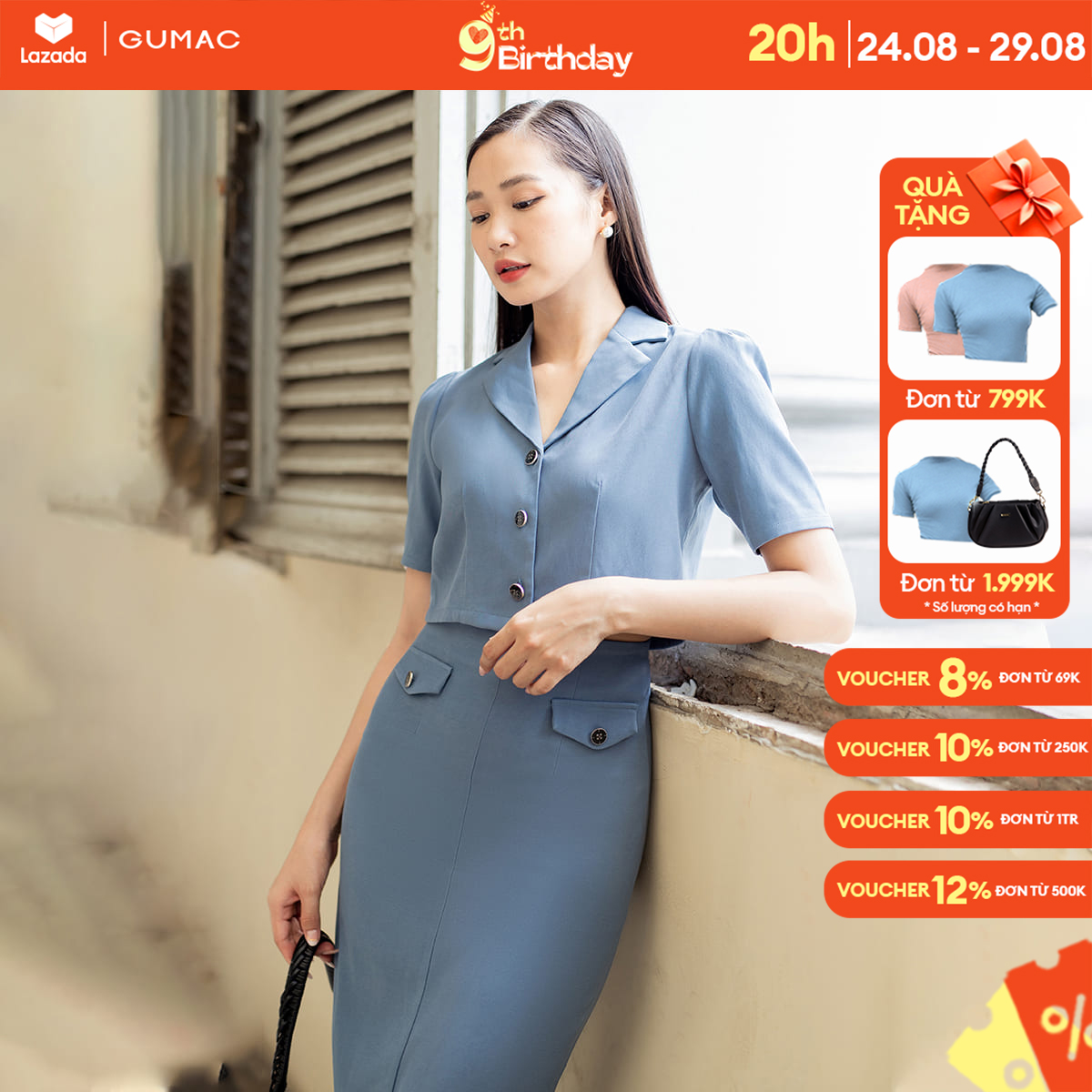 Set lẻ áo lửng cổ danton thời trang gumac ad07007 - chân váy bút chì nắp túi thời trang gumac vd07008