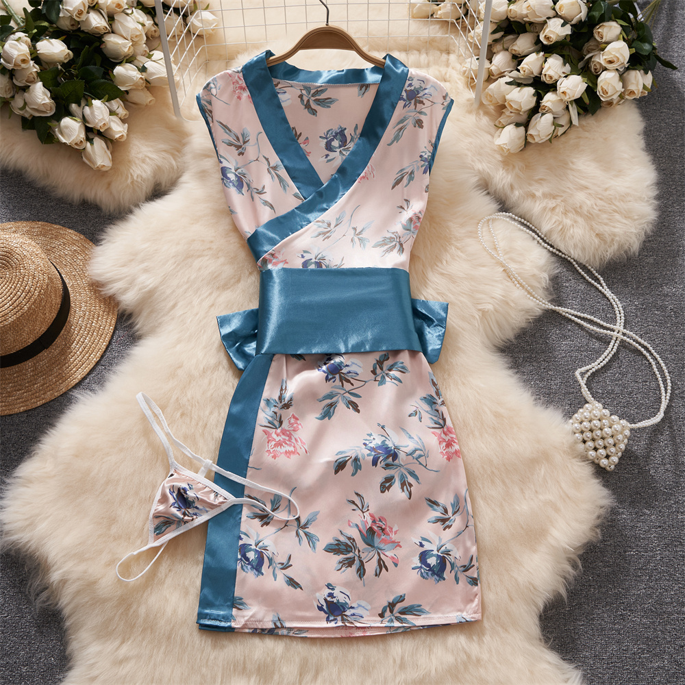 【sought-after】 Black Japanese Kimono V-neck Printed Flower Waist Shaping Cardigan Mini Dress Women Clothing Loose Long Sleeve Lace-up.