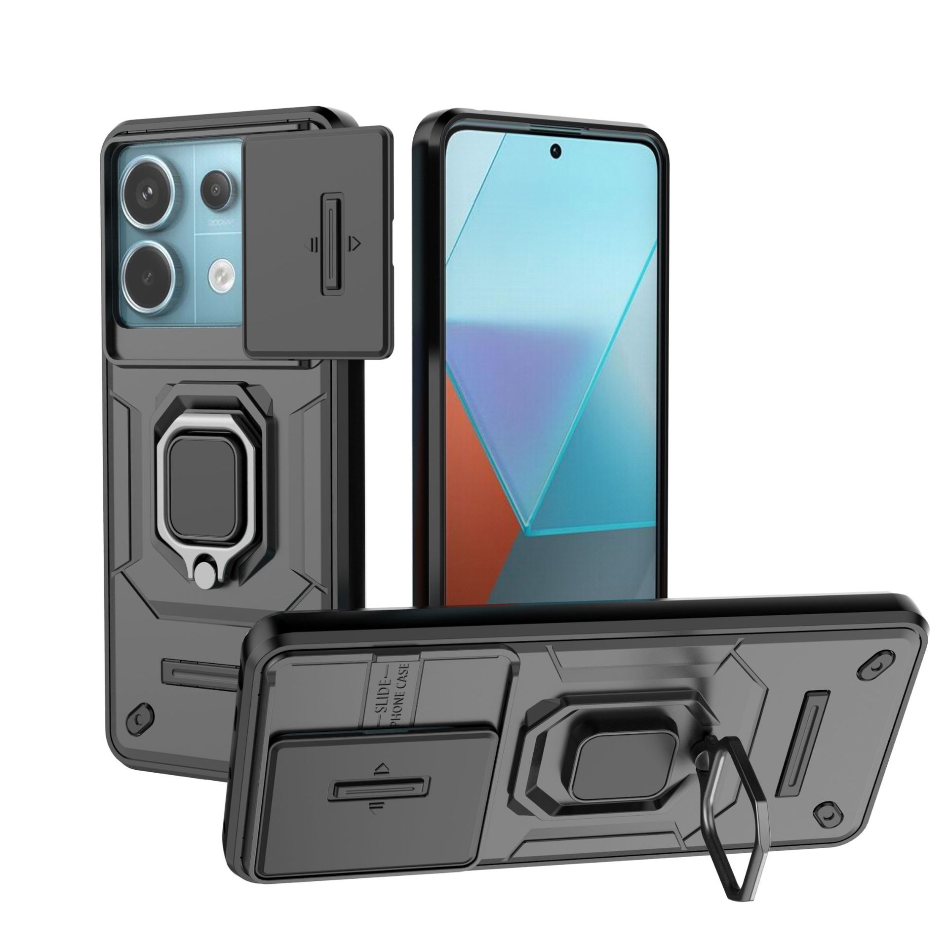 Xiaomi Redmi Note 13 Pro 5G Case with Slide Camera Cover,Rotated Ring Kickstand Military Grade Shockproof Protective Cover.