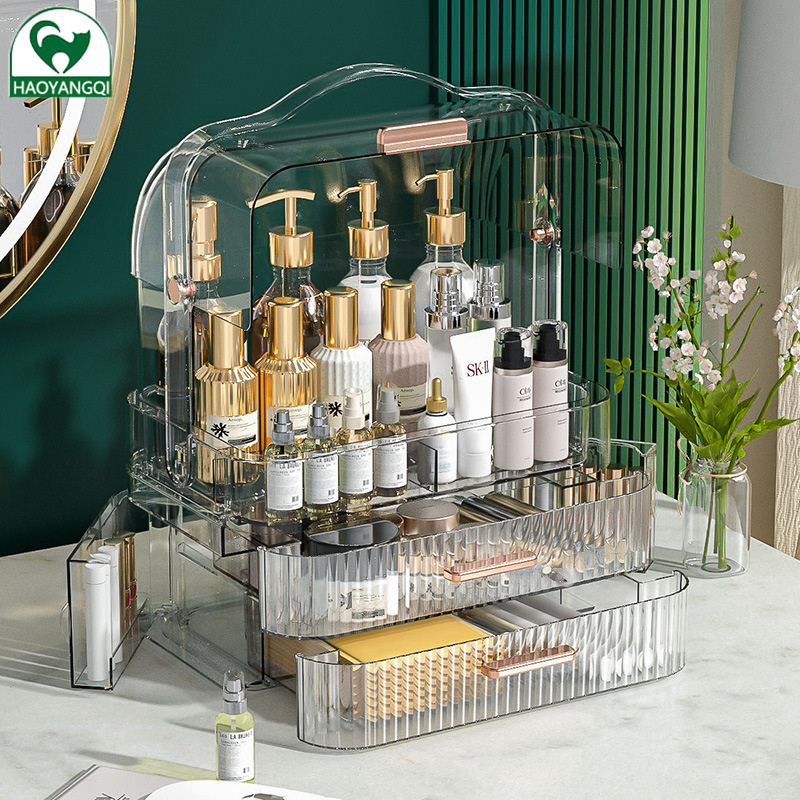 Transparent dustproof cosmetics storage box Desktop double open drawer type clamshell storage cabinet Large capacity Save space storage rack