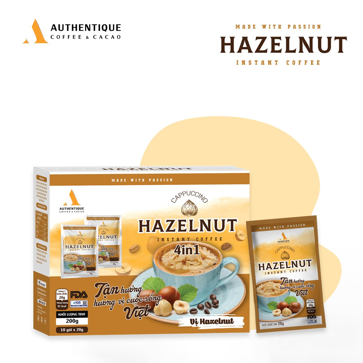 Cà phê hòa tan Authentique vị Hazelnut 4in1 (Hộp 10Gói x 20G) | Cappuccino Hazelnut Authentique Instant Coffee