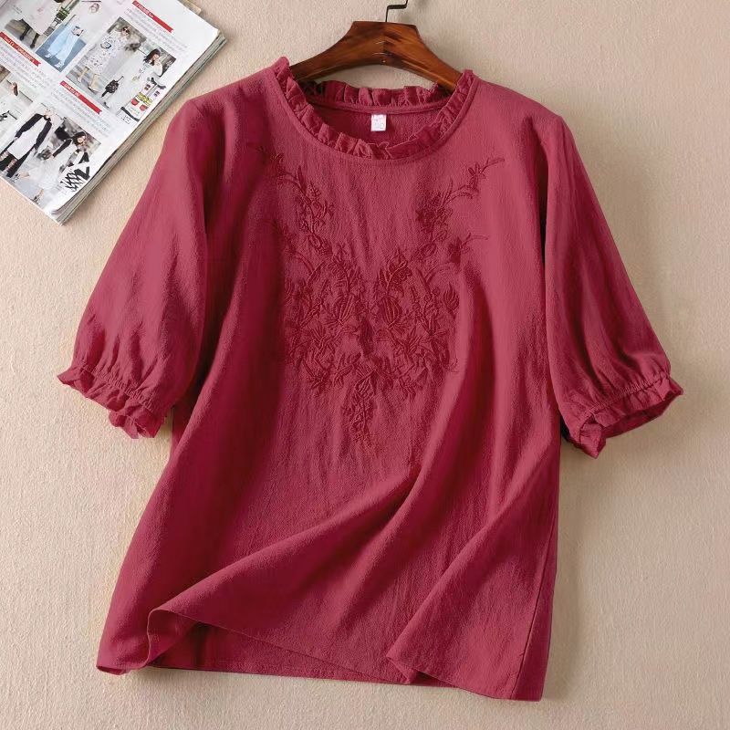 WhiteTime Summer new large size short sleeve T-shirt women's artistic embroidery ruffled lantern sleeve top women 301T1946