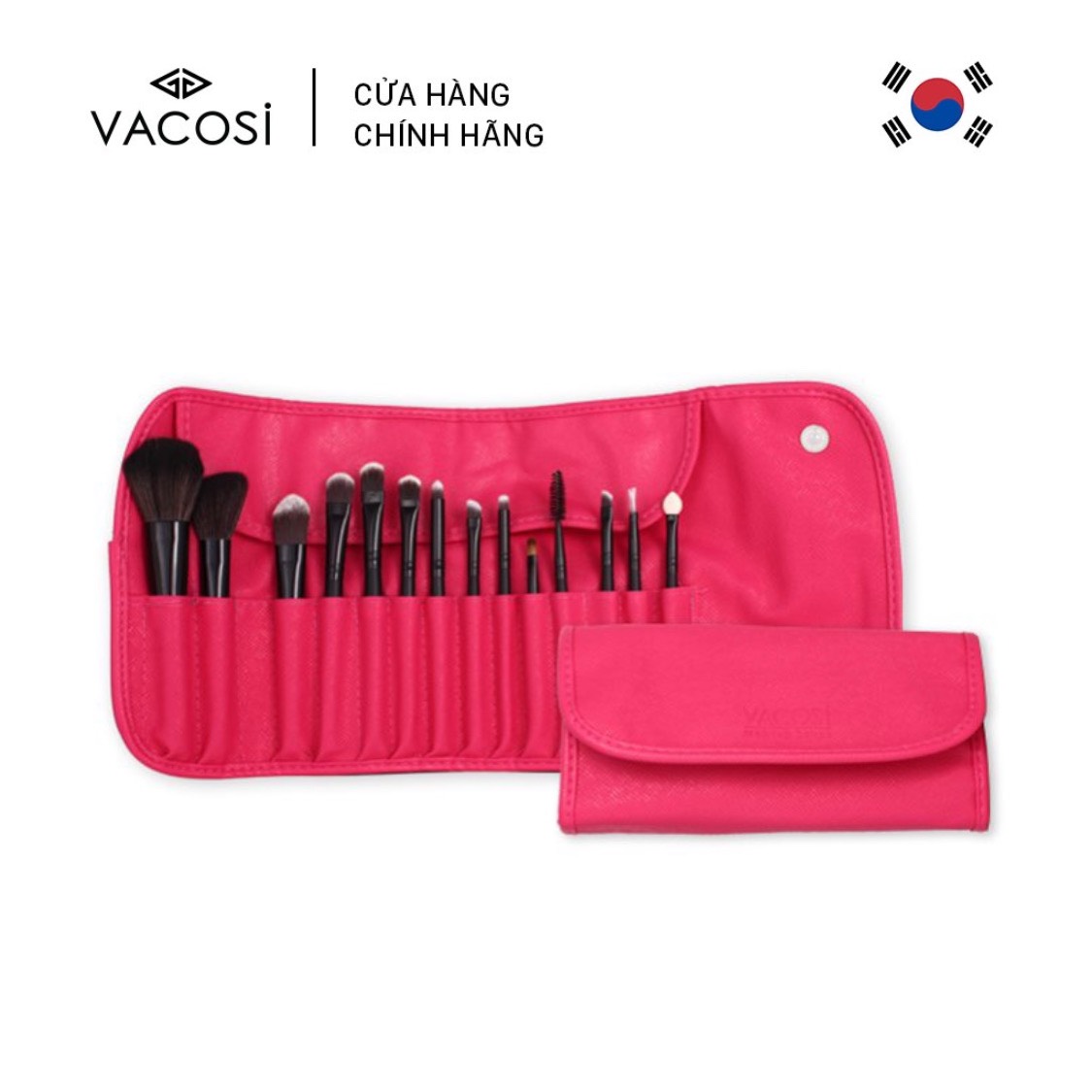 Bộ cọ cá nhân 14 cây & bóp da hồng Vacosi BC09
