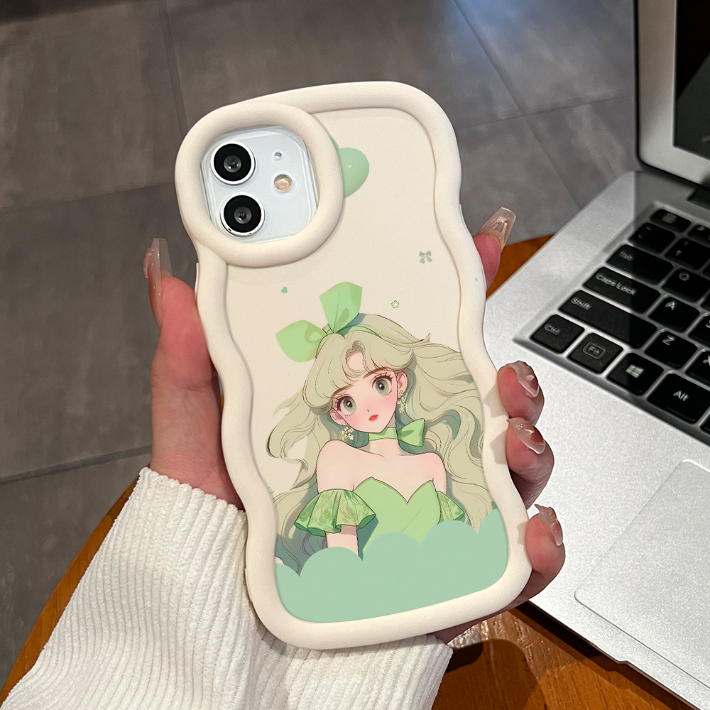 Jizetin for Realme C11 C15 C21Y C25Y C20A C2 C3 Realme 2 5i 5S 6i 9i 11 12 Pro+ OPPO A1K F9 Pro Back Cover Green Fairy Princess Pattern Macaron Bright Color Wavy Shape Soft Mobile Phone Cases.