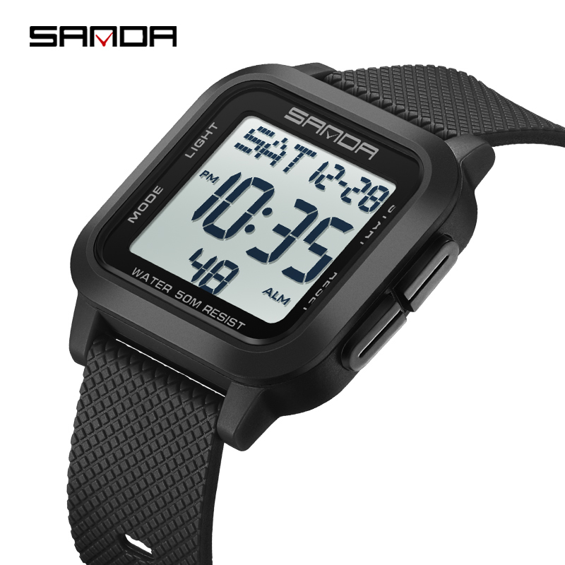 Sanda Square Solid Color Watch Retro Trendy Night Light Waterproof Electronic Men's Watch SD2194-4.