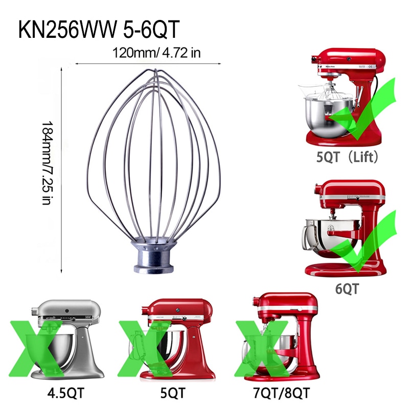 KN256WW Wire Whip Replacement Attachment For Kitchenaid 5-6 Quart Lift Bowl Standard Mixer 6QT Egg Beater Playing Egg Ball