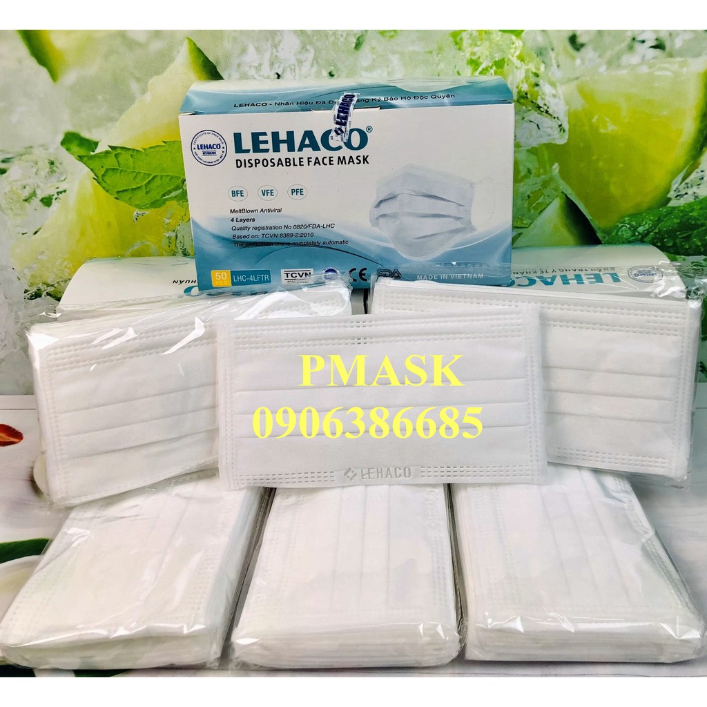Khẩu trang 4 Lớp Lehaco Màu Trắng kháng khuẩn 50 cái/ hộp - Khẩu trang y tế kháng khuẩn Lehaco
