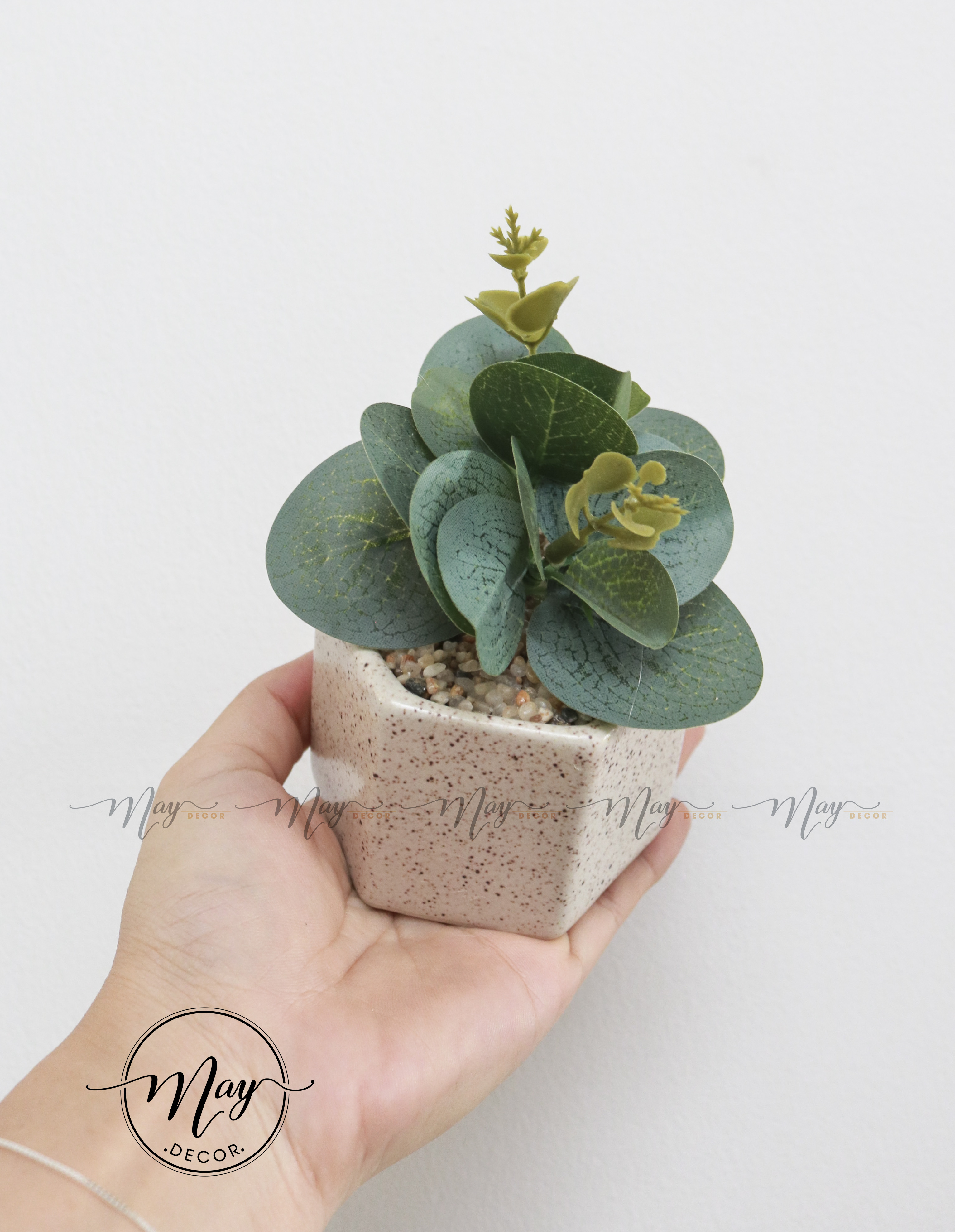 Cây giả trang trí để bàn- chậu men cát lục giác