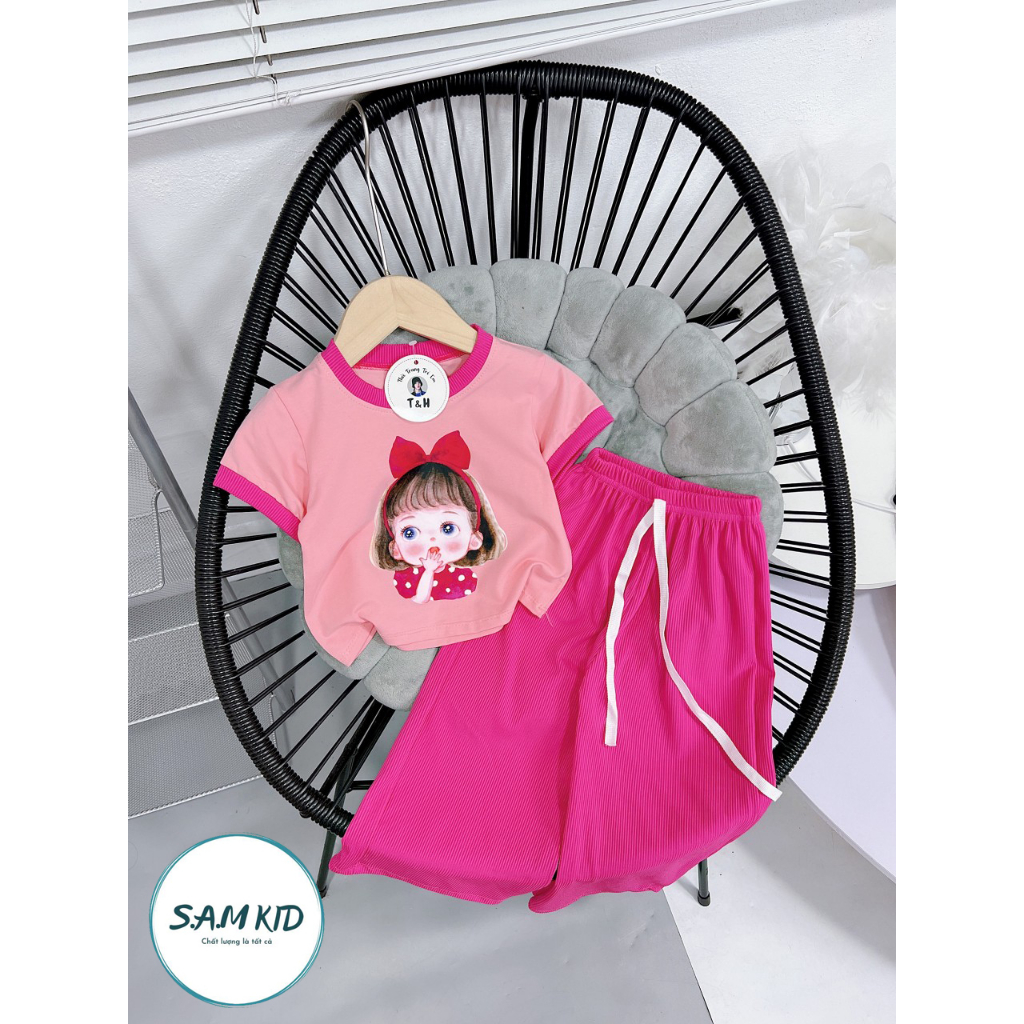 [8-40kg] Đồ bộ bé gái quần ống rộng thu gân lụa