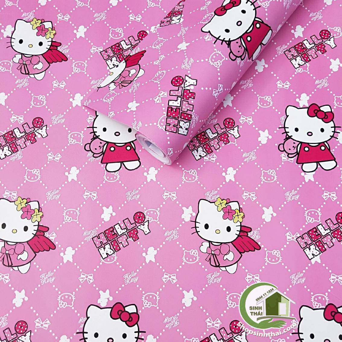 Cuộn giấy decal dán tường hello kitty màu hồng