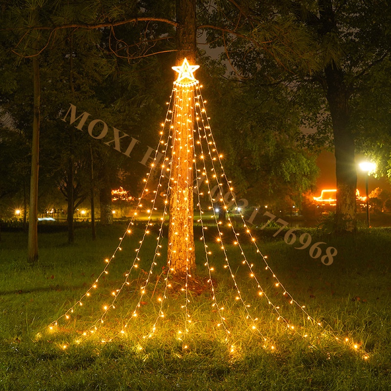 Đèn led 9 dây thả rèm hình ngôi sao dùng năng lượng mặt trời trang trí decor sân vườn noel giáng sinh tết moxi
