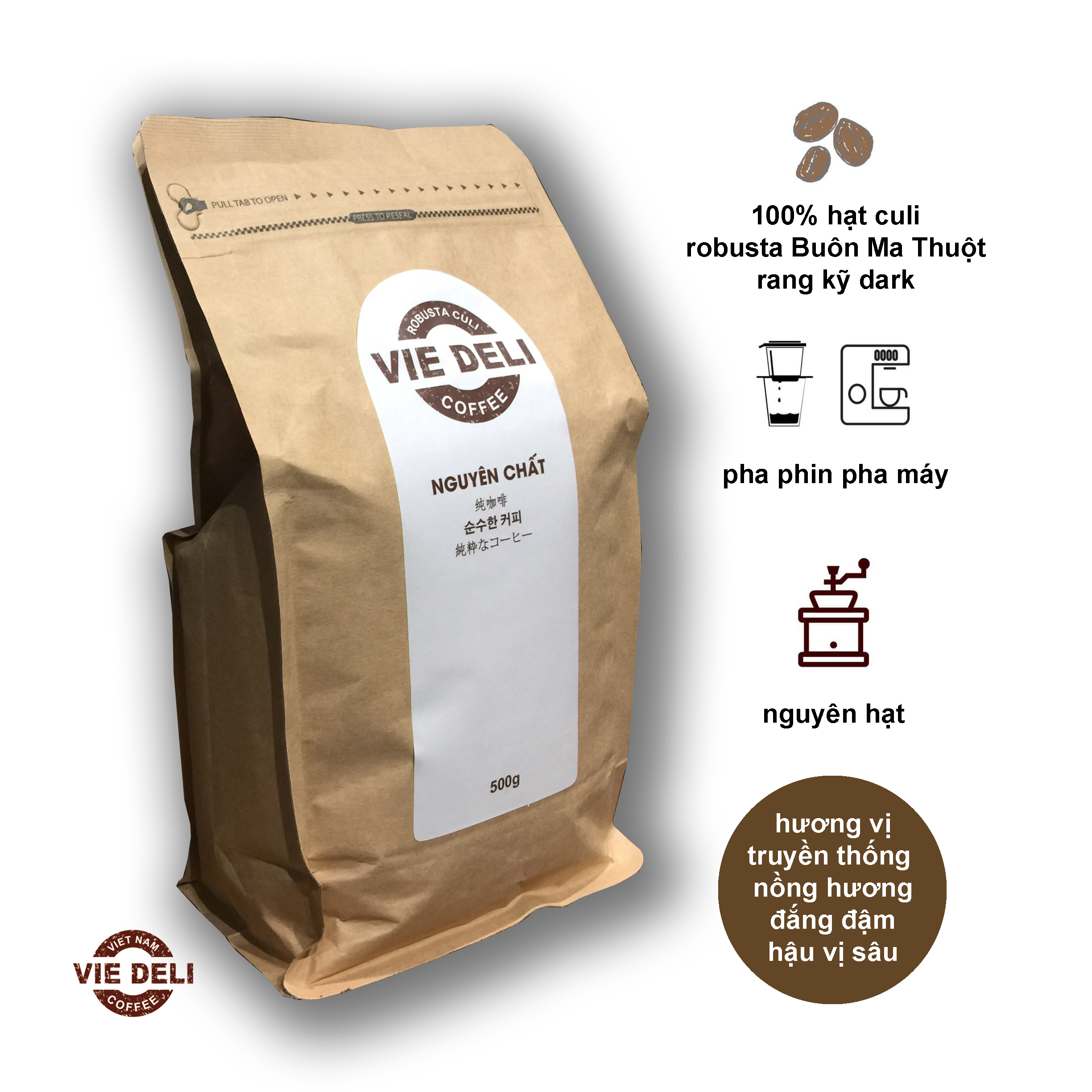 Cà phê hạt Robusta Culi Viedeli, túi 500g