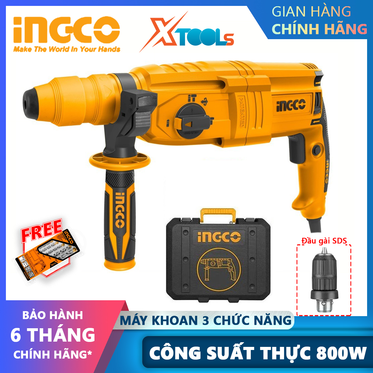 Hand drill 3 function ingco 650-900W electric 220V, machine drilling concrete, hammer drill, drill multi-function, enclosed head drill tuck SDS for native rgh9028-2-product genuine [xsafe] [XTools]