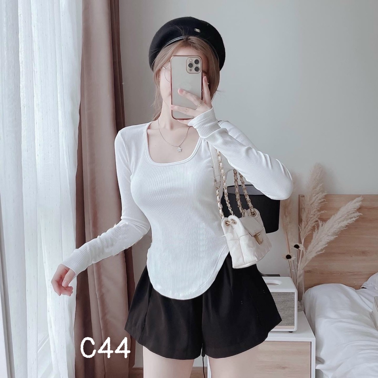 Áo nữ thun gân tay dài tà chéo cổ tròn dạo phố c44