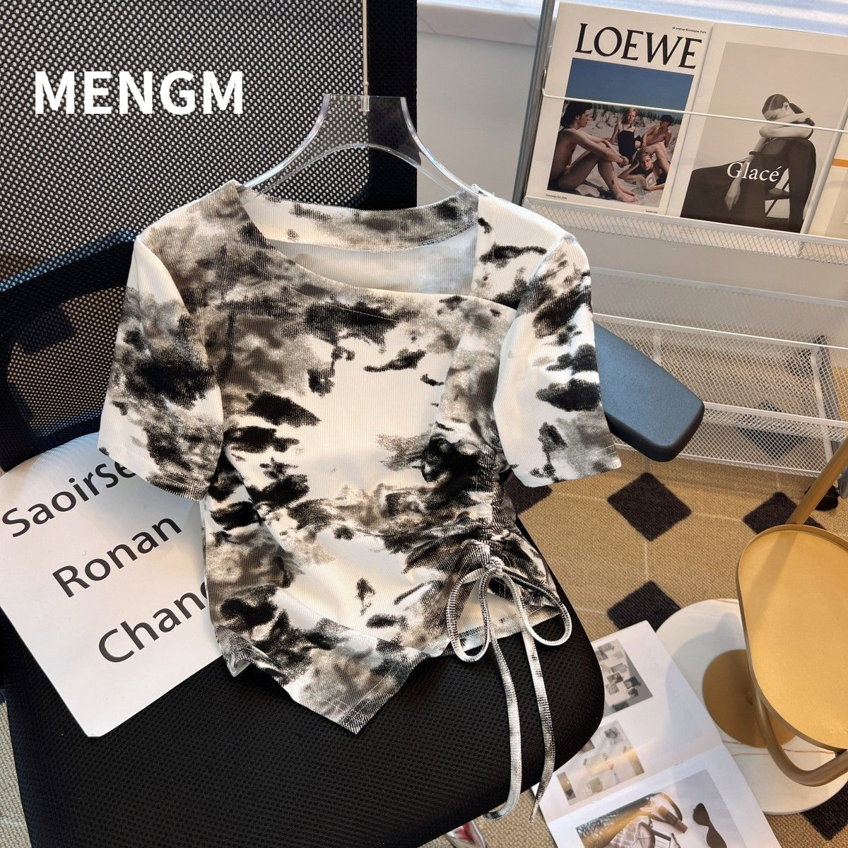 Korean version drawstring tie-dye threaded cotton T-shirt women 2023 new irregular slim fashion short-sleeved top