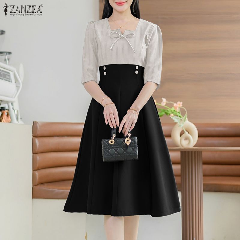 ZANZEA%20Korean%20Style%20Women%20Trendy%20Square%20Neck%20Midi%20Dresses%20Short%20Sleeve%20Bowknot%20Stripe%20Patchwork%20Dress%20#1229%20-%20Image%203