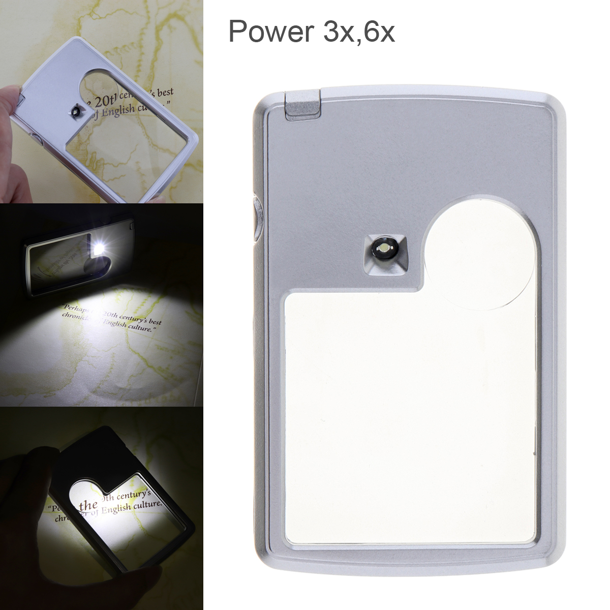 3X/6X 4B-3 Card Type Ultra-thin 2 Lens Adjustable Handheld Square Magnifier with LED Light for Reading Jewelry Repair Tools