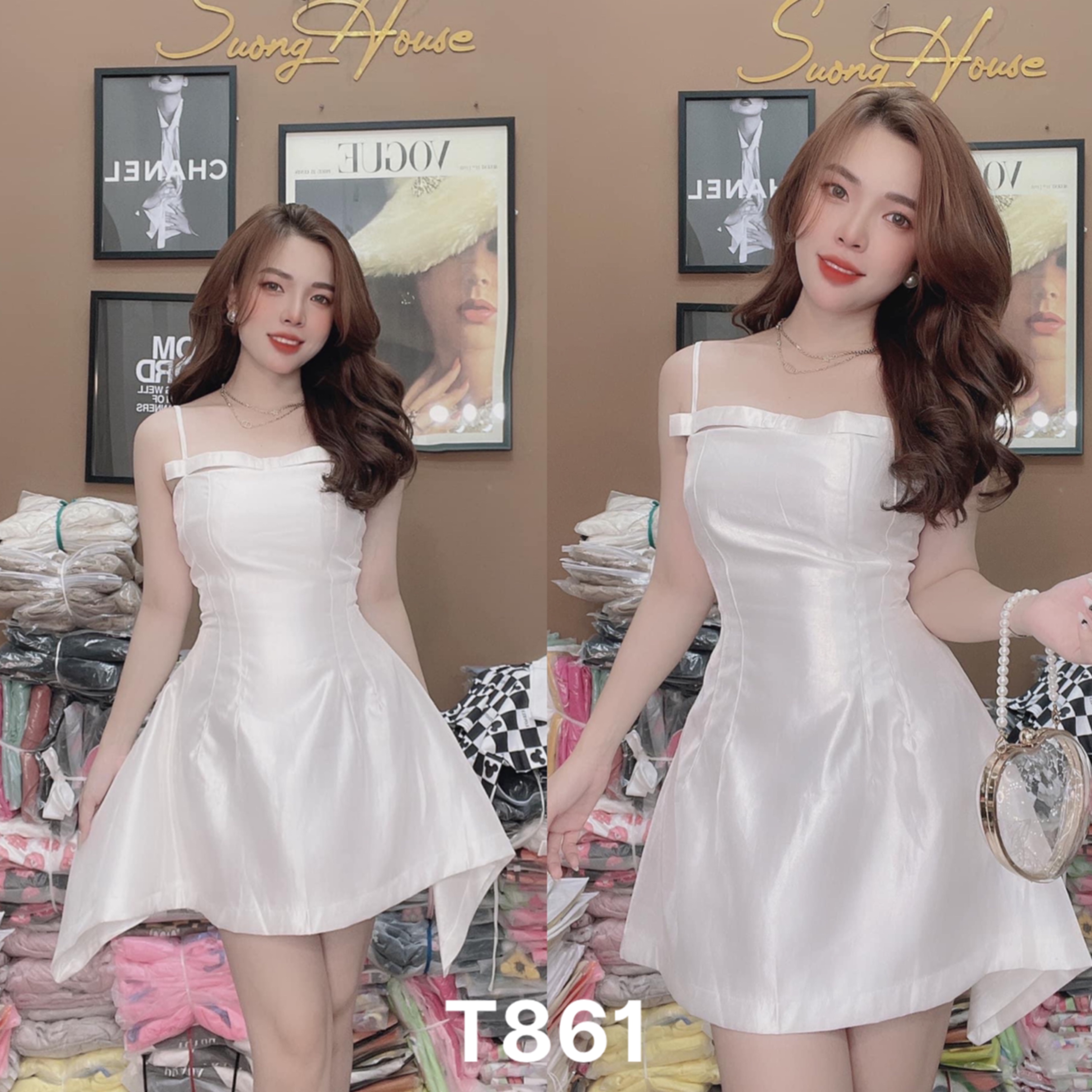 Đầm xoè nữ 2 dây dự tiệc gấm tapta T861
