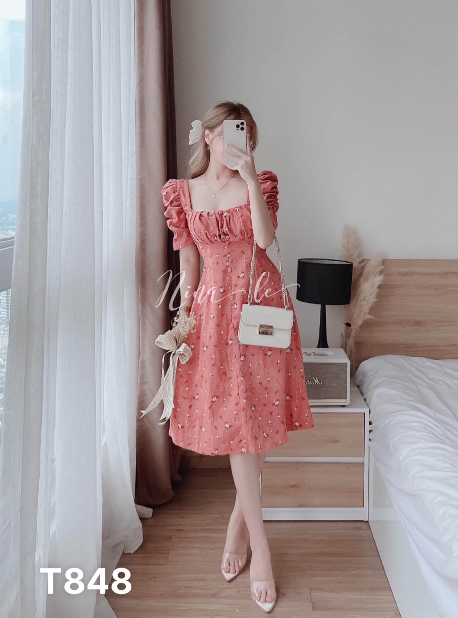 [Freeship]Đầm Lụa hoa Suông Dài Xếp Li ngực có mút Mia Storie