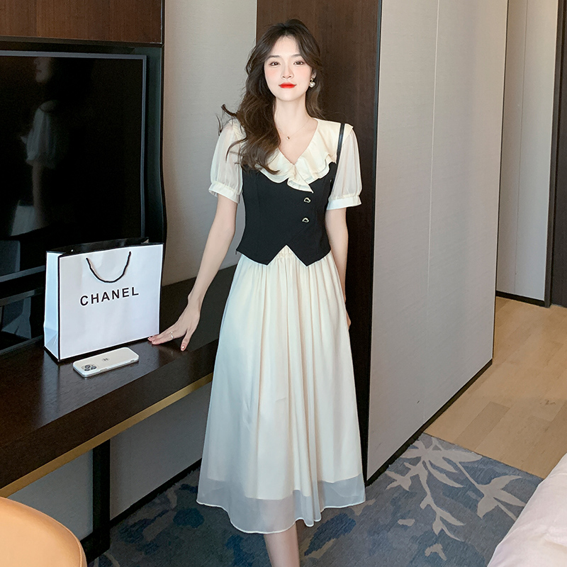 YIGE 2023 summer new French elegant stitching top + chiffon skirt 2-piece women's dress
