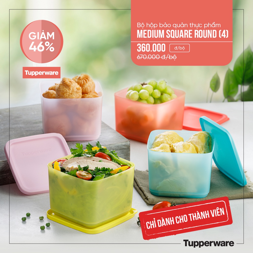 Hộp vuông 1L Tupperware -Medium square round 1L tupperware chính hãng Tupperware HOME KITCHEN