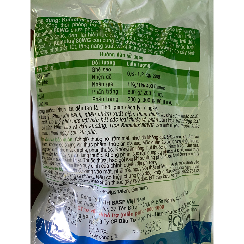 Thuốc trừ bệnh Kumulus 80WG đặc trị bệnh phấn trắng, ghẻ sẹo, nhện đỏ, nhện gié 1kg