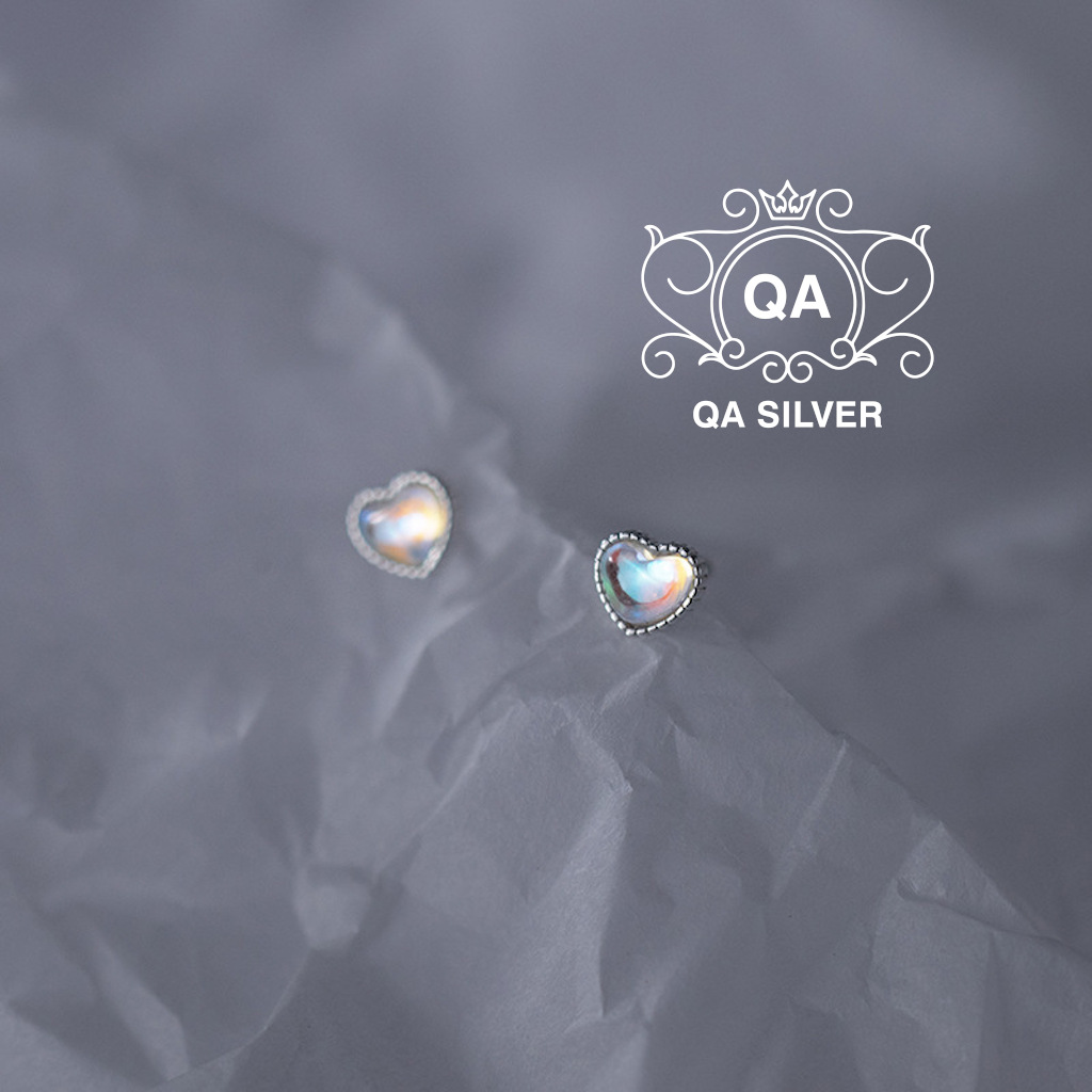 Khuyên tai bạc 925 trái tim đính đá chốt bi vặn ánh xà cừ bông nụ nam nữ S925 HEART QA SILVER Earrings EA220402