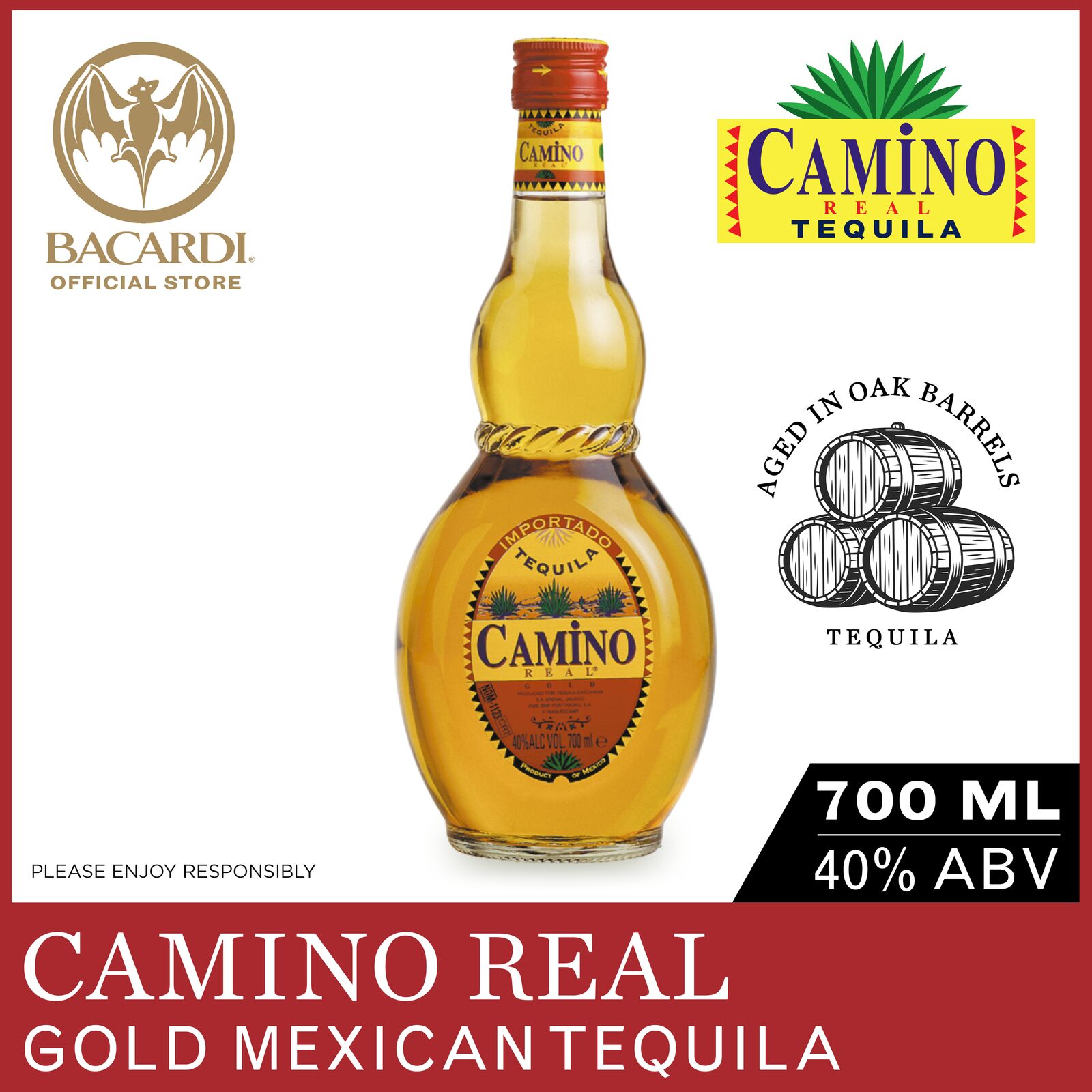 Camino Real Gold Tequila - 700ml / 70cl, 40% ABV - Golden Amber