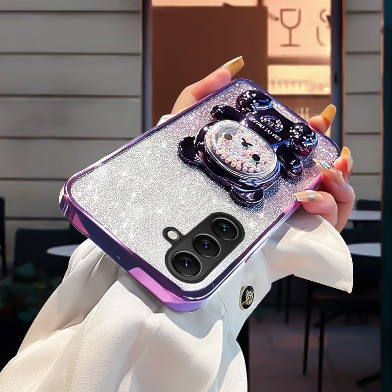 New Phone case Smasung A07 A17 with Gradient 3D Bear Folding Stand Bracket Luxury Slim Plating Glitter Girls For Samsung Galaxy A07 A17 case.