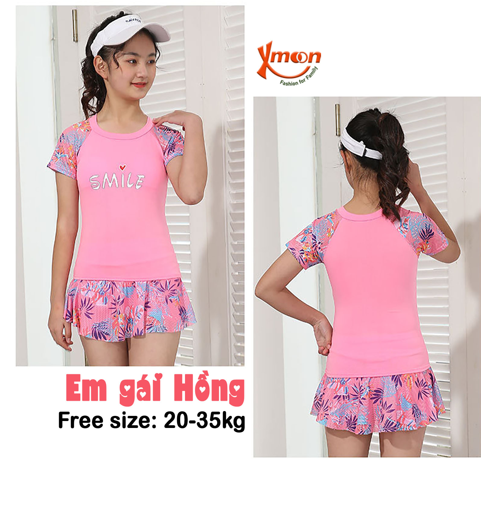 Bộ bơi mẹ con chị em gia đình set áo bơi mẹ con liền thân áo tay cộc liền váy Xmoon BBMC