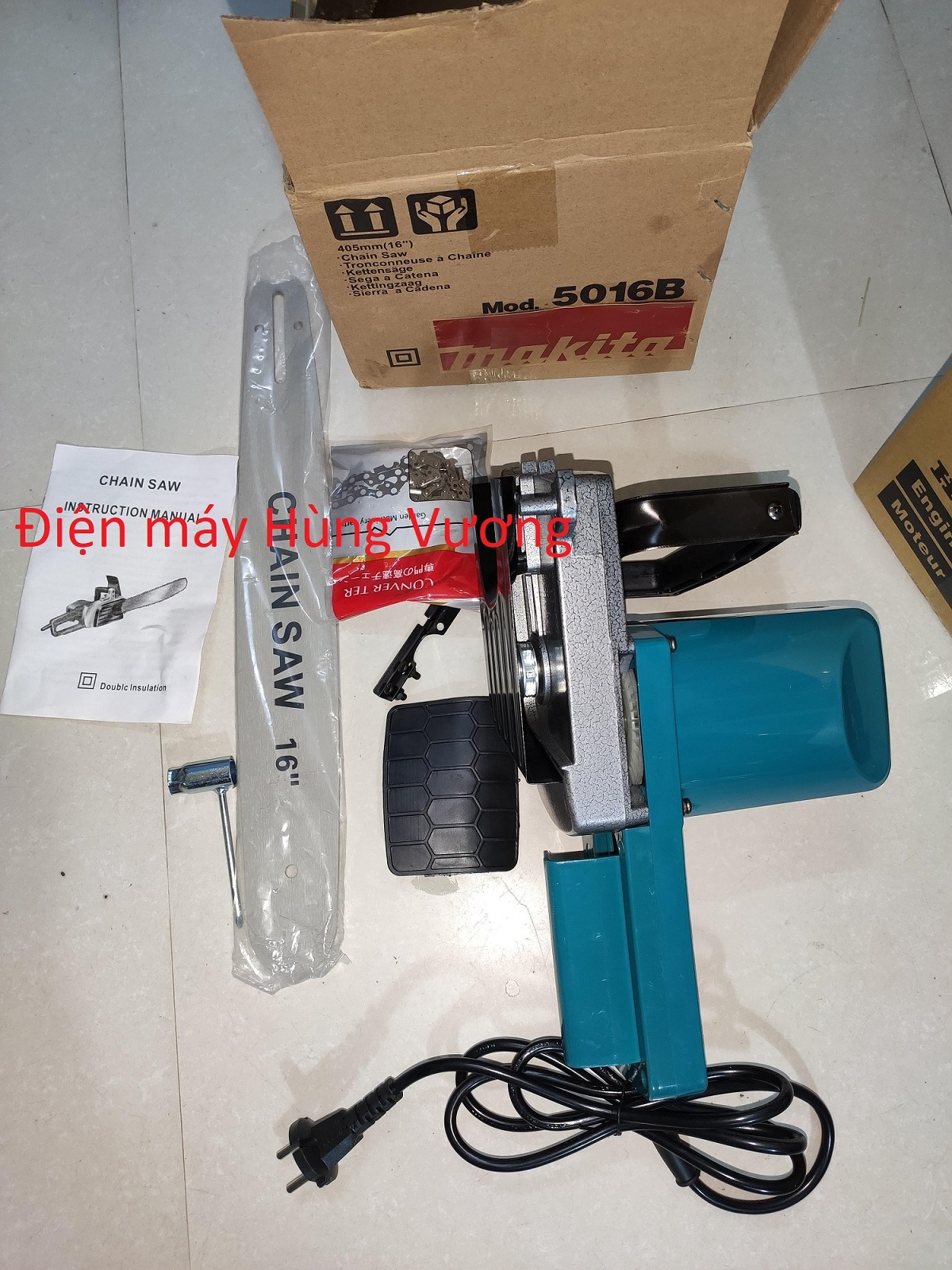Máy cưa xích điện makita 5016b, made in thailand, công suất 3800w, lam 16inch, xích 29 mắt cắt gỗ, bước 3/8inch. ..