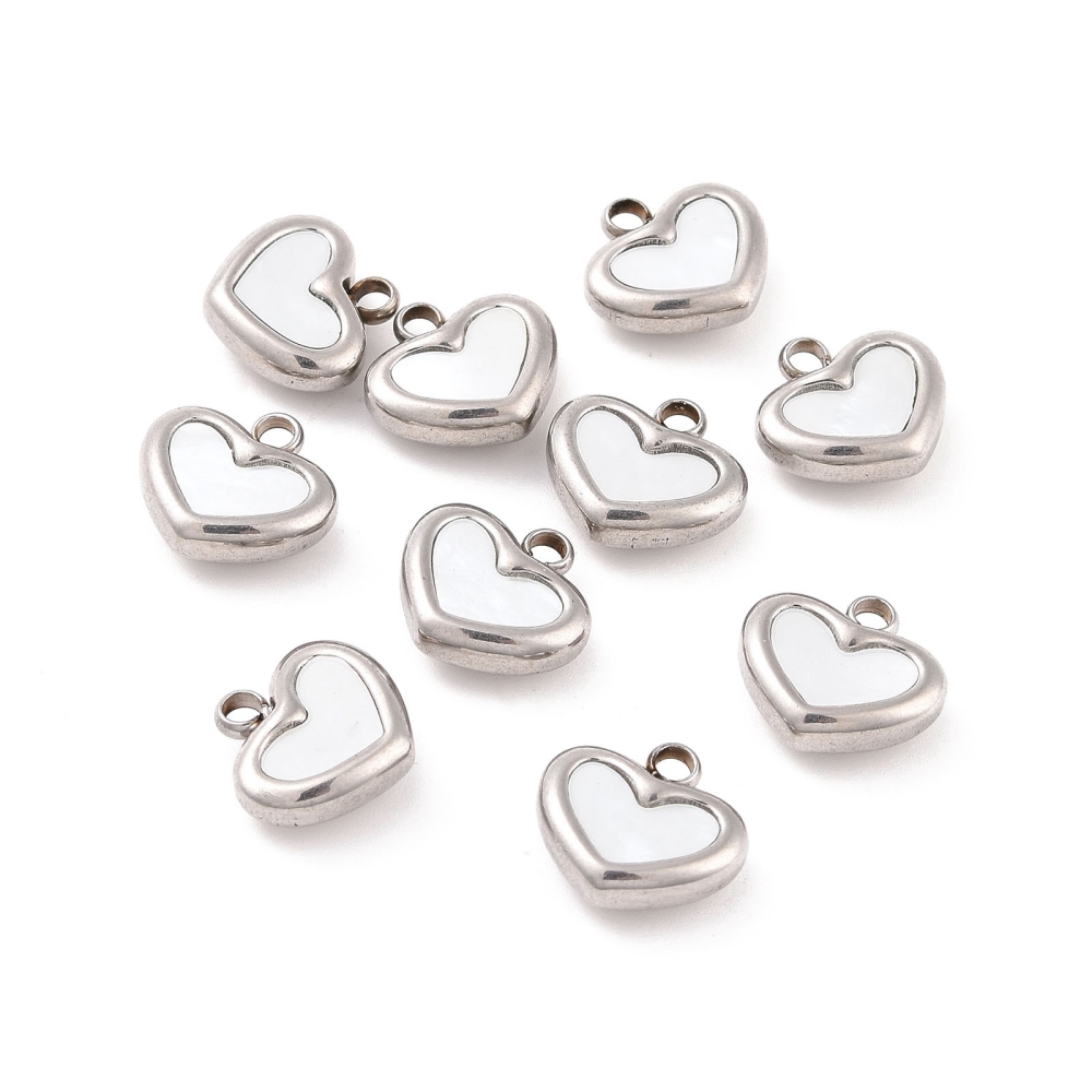 10pc 304 Stainless Steel Pendants with Shell Heart Stainless Steel Color 11x11x4mm Hole: 1.8mm